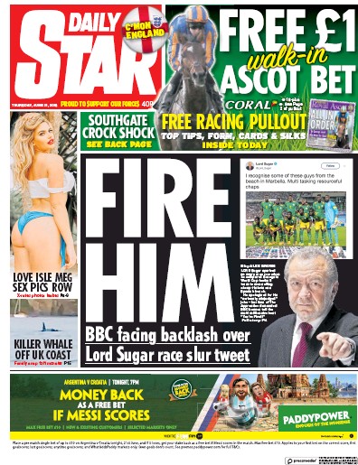 Daily Star Newspaper Front Page (UK) for 21 June 2018
