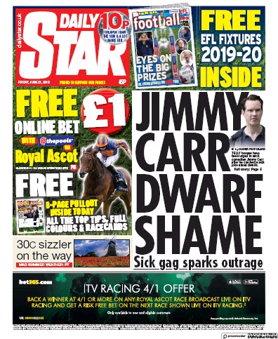 Daily Star Newspaper Front Page (UK) for 21 June 2019