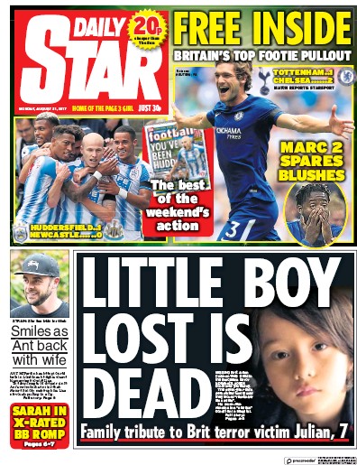 Daily Star Newspaper Front Page (UK) for 21 August 2017