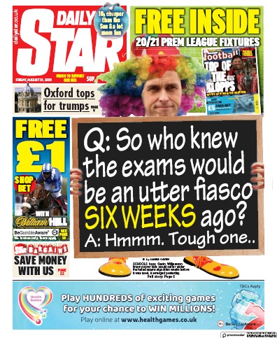 Daily Star Newspaper Front Page (UK) for 21 August 2020