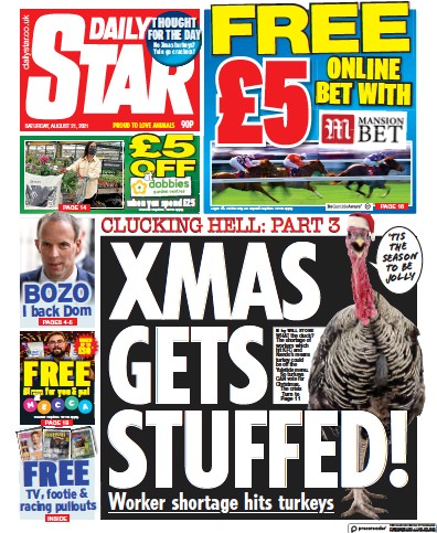 Daily Star Newspaper Front Page (UK) for 21 August 2021