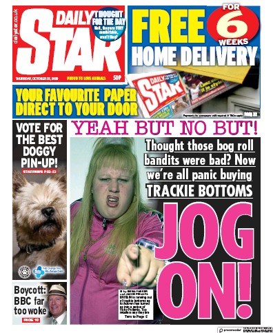 Daily Star Newspaper Front Page (UK) for 22 October 2020