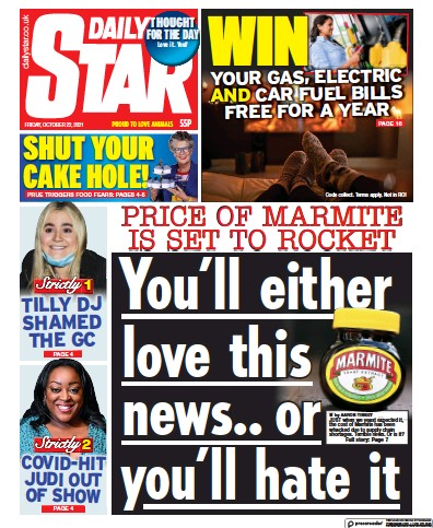 Daily Star Newspaper Front Page (UK) for 22 October 2021