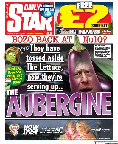 Daily Star Newspaper Front Page (UK) for 22 October 2022