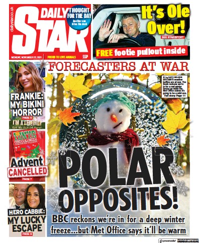 Daily Star Newspaper Front Page (UK) for 22 November 2021