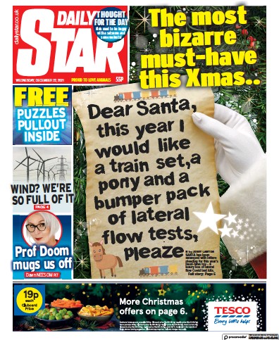 Daily Star Newspaper Front Page (UK) for 22 December 2021
