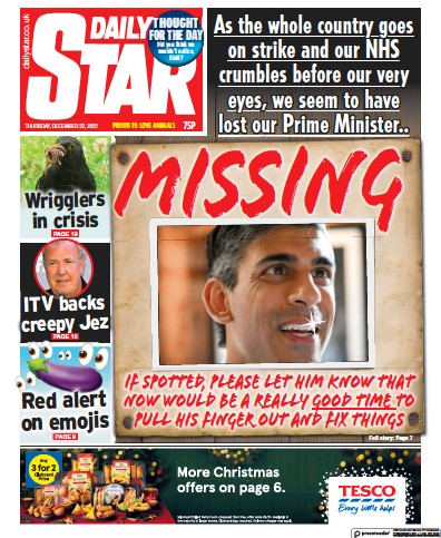 Daily Star Newspaper Front Page (UK) for 22 December 2022