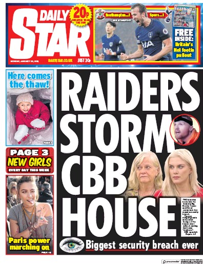 Daily Star Newspaper Front Page (UK) for 22 January 2018