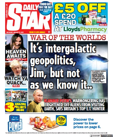 Daily Star Newspaper Front Page (UK) for 22 January 2022