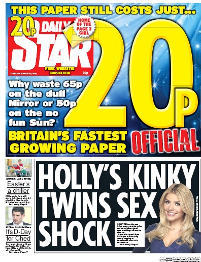 Daily Star Newspaper Front Page (UK) for 22 March 2016