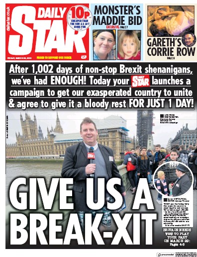 Daily Star Newspaper Front Page (UK) for 22 March 2019