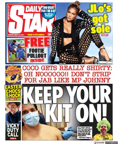 Daily Star Newspaper Front Page (UK) for 22 March 2021