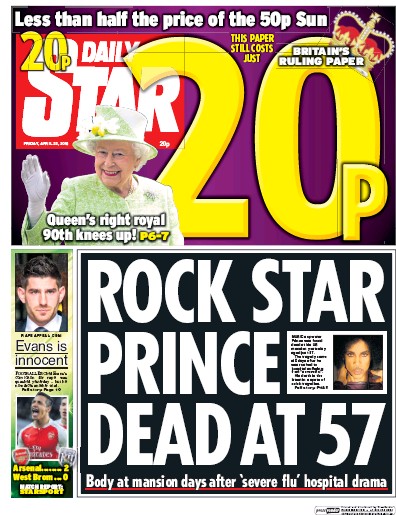 Daily Star Newspaper Front Page (UK) for 22 April 2016