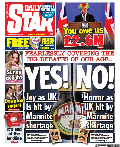Daily Star Newspaper Front Page (UK) for 22 April 2021