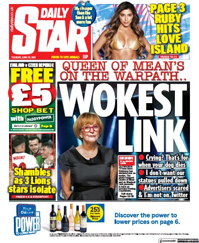 Daily Star Newspaper Front Page (UK) for 22 June 2021