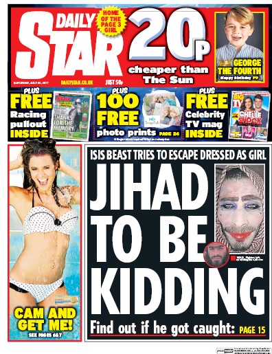 Daily Star Newspaper Front Page (UK) for 22 July 2017
