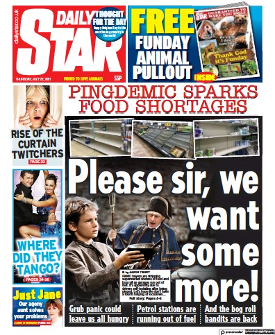 Daily Star Newspaper Front Page (UK) for 22 July 2021