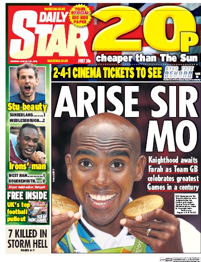 Daily Star Newspaper Front Page (UK) for 22 August 2016