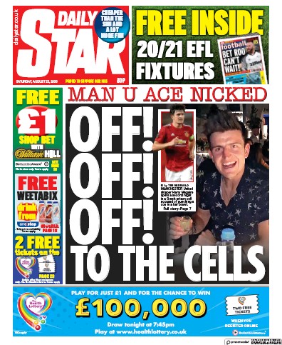 Daily Star Newspaper Front Page (UK) for 22 August 2020