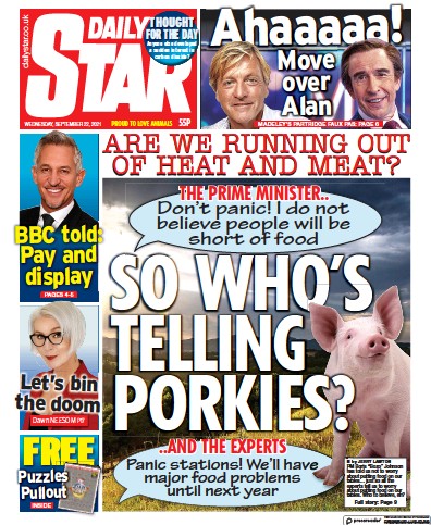 Daily Star Newspaper Front Page (UK) for 22 September 2021