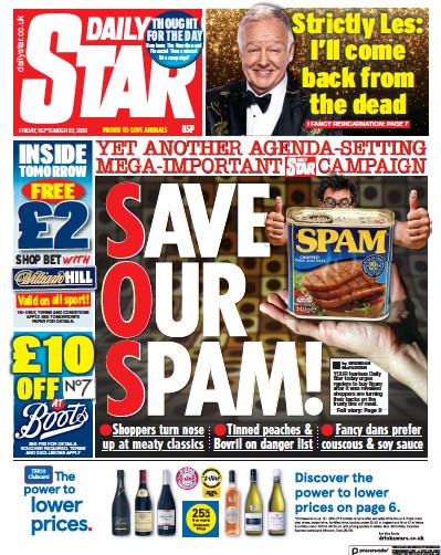 Daily Star Newspaper Front Page (UK) for 22 September 2023