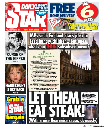 Daily Star Newspaper Front Page (UK) for 23 October 2020