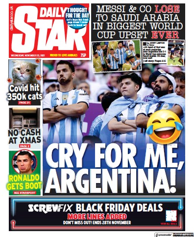 Daily Star Newspaper Front Page (UK) for 23 November 2022
