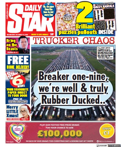 Daily Star Newspaper Front Page (UK) for 23 December 2020