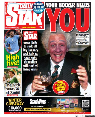 Daily Star Newspaper Front Page (UK) for 23 December 2022