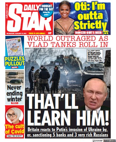 Daily Star Newspaper Front Page (UK) for 23 February 2022