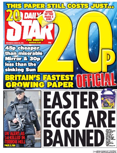 Daily Star Newspaper Front Page (UK) for 23 March 2016