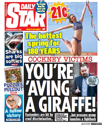 Daily Star Newspaper Front Page (UK) for 23 March 2022