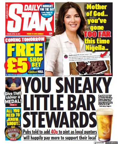 Daily Star Newspaper Front Page (UK) for 23 April 2021