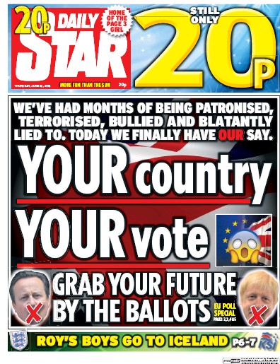 Daily Star Newspaper Front Page (UK) for 23 June 2016
