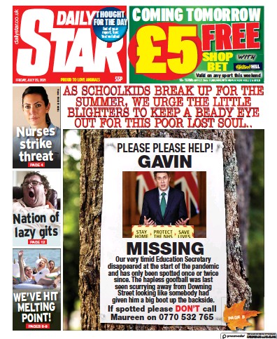 Daily Star Newspaper Front Page (UK) for 23 July 2021