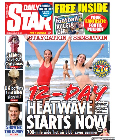 Daily Star Newspaper Front Page (UK) for 23 August 2021