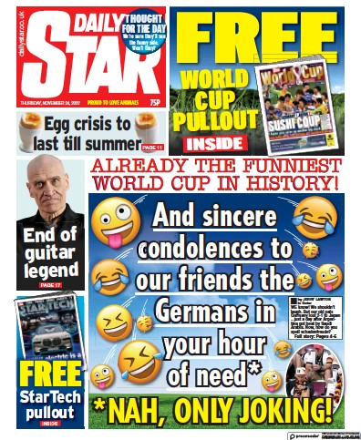 Daily Star Newspaper Front Page (UK) for 24 November 2022