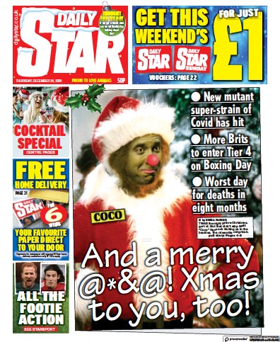 Daily Star Newspaper Front Page (UK) for 24 December 2020