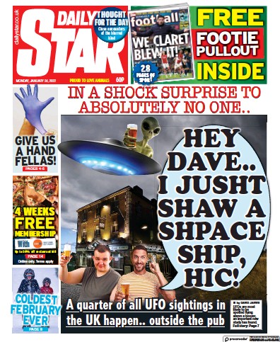 Daily Star Newspaper Front Page (UK) for 24 January 2022