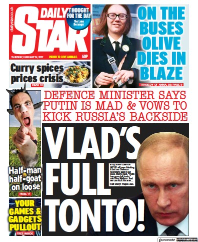 Daily Star Newspaper Front Page (UK) for 24 February 2022