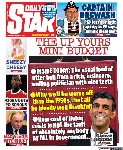 Daily Star Newspaper Front Page (UK) for 24 March 2022