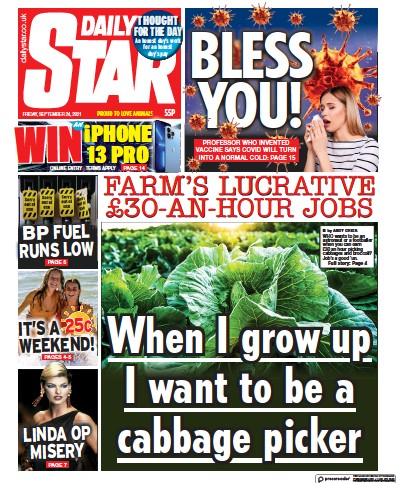 Daily Star Newspaper Front Page (UK) for 24 September 2021