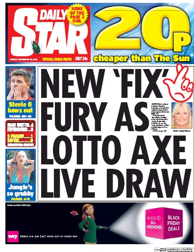 Daily Star Newspaper Front Page (UK) for 25 November 2016