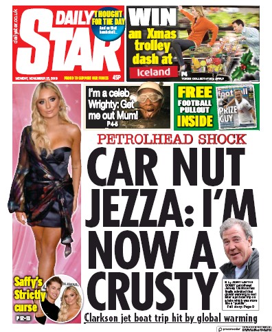 Daily Star Newspaper Front Page (UK) for 25 November 2019