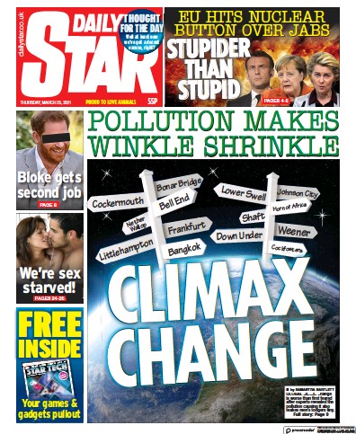 Daily Star Newspaper Front Page (UK) for 25 March 2021