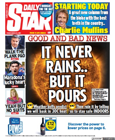 Daily Star Newspaper Front Page (UK) for 25 March 2022