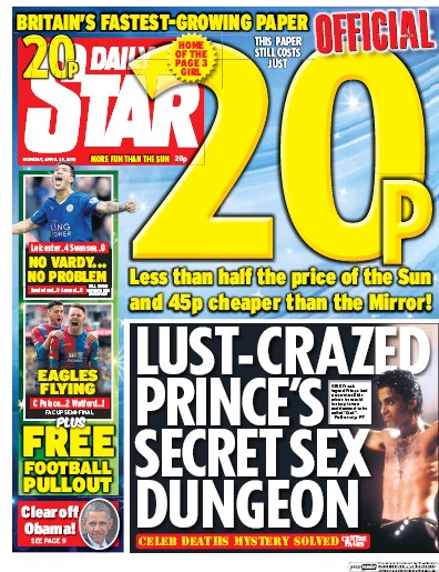 Daily Star Newspaper Front Page (UK) for 25 April 2016