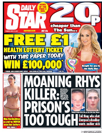 Daily Star Newspaper Front Page (UK) for 25 April 2017