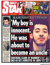 Daily Star (UK) Newspaper Front Page for 25 May 2017