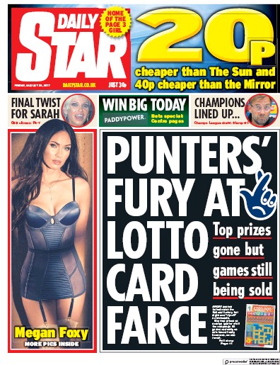 Daily Star Newspaper Front Page (UK) for 25 August 2017